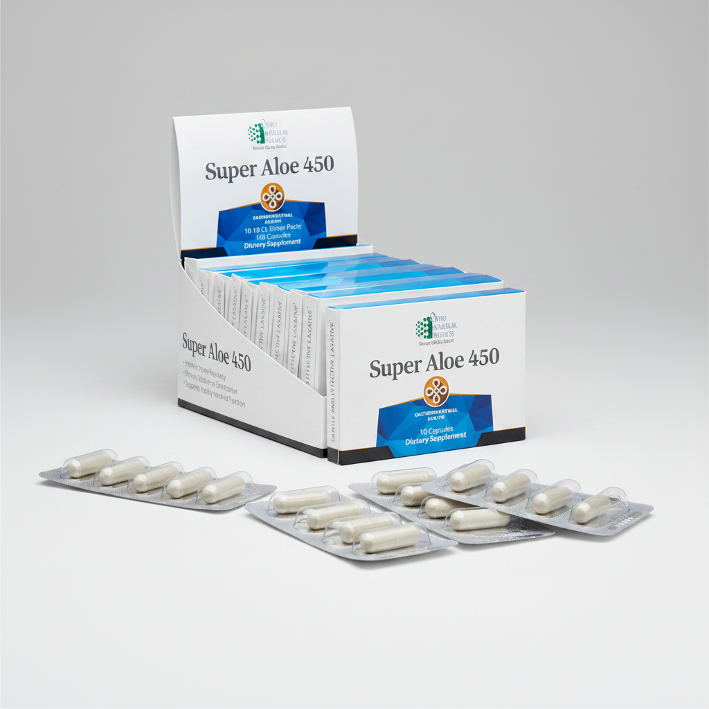 Display of Super Aloe 450 dietary supplement boxes on a white background