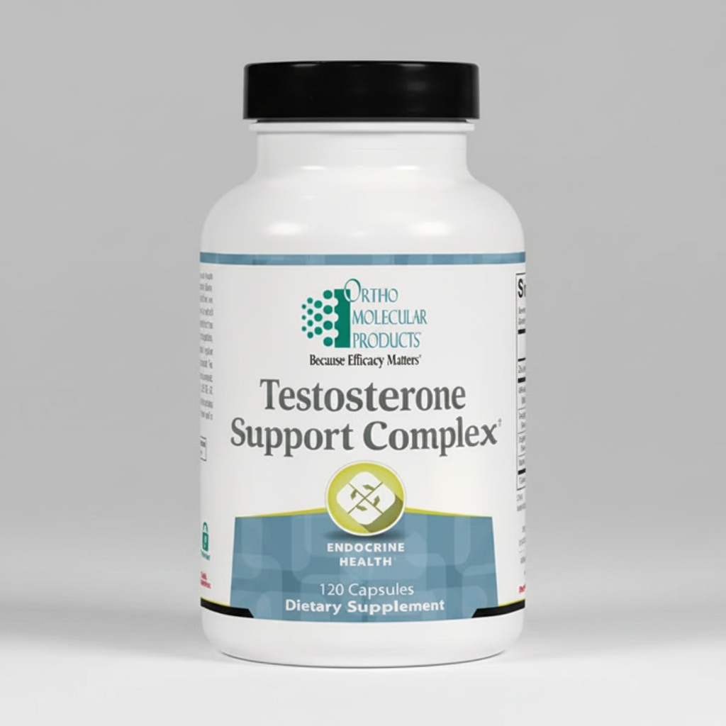 Supplement bottle labeled 'Testosterone Support Complex' by Ortho Molecular Products on a white background.