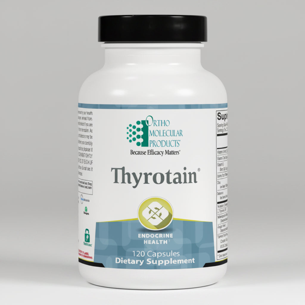 Thyrotain dietary supplement bottle with Ortho Molecular Products label on a white background