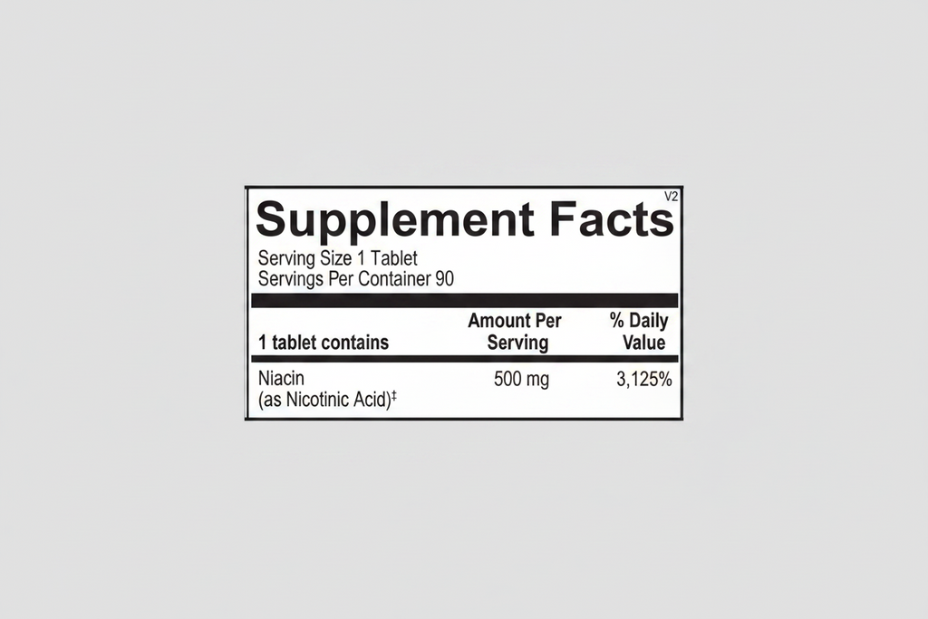 Supplement facts label with niacin information on a white background