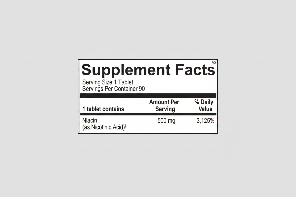 Supplement facts label with niacin information on a white background