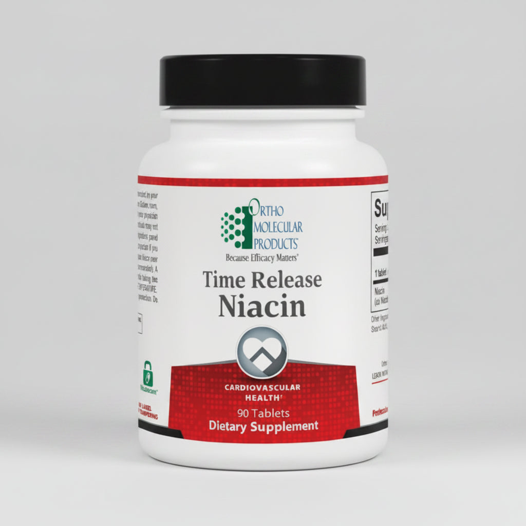 Bottle of Ortho Molecular Products Time Release Niacin dietary supplement on a white background