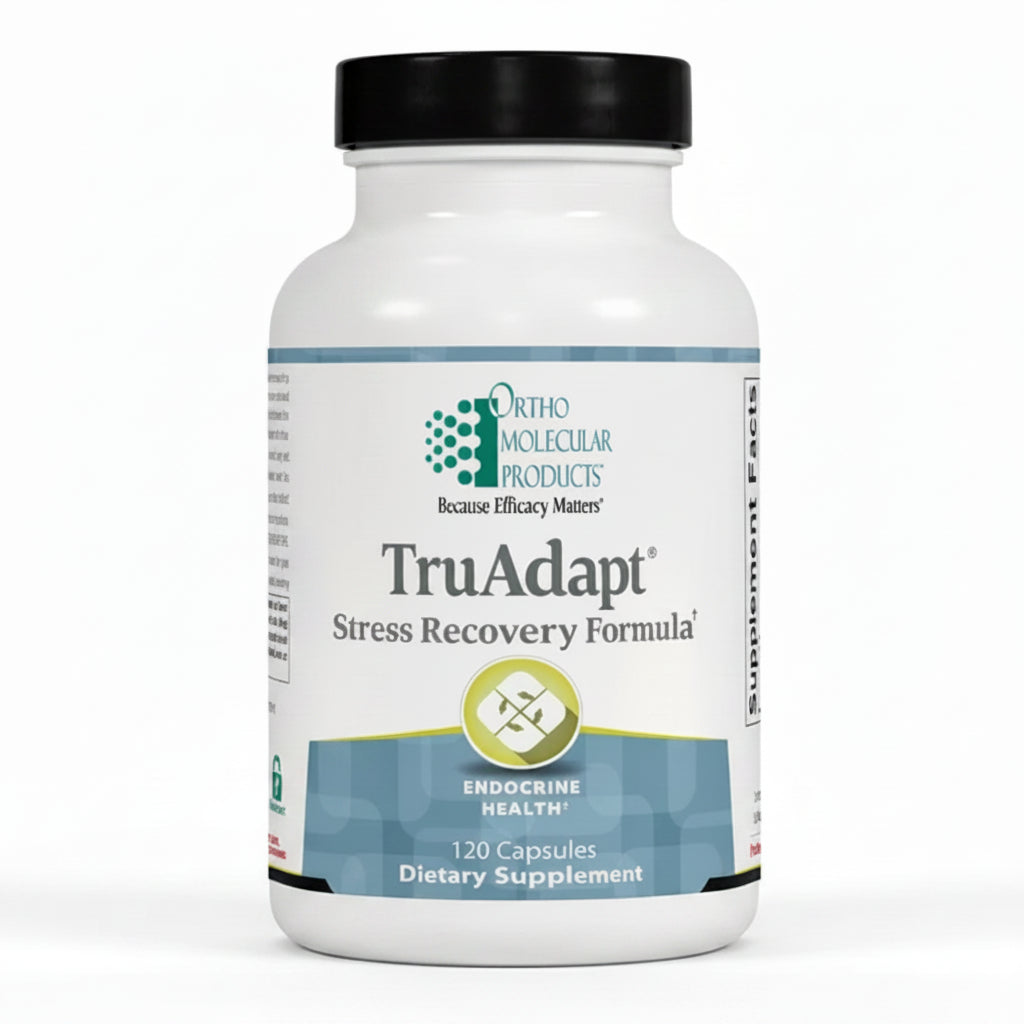 Supplement bottle labeled 'TruAdapt Stress Recovery Formula' by Ortho Molecular Products on a white background.