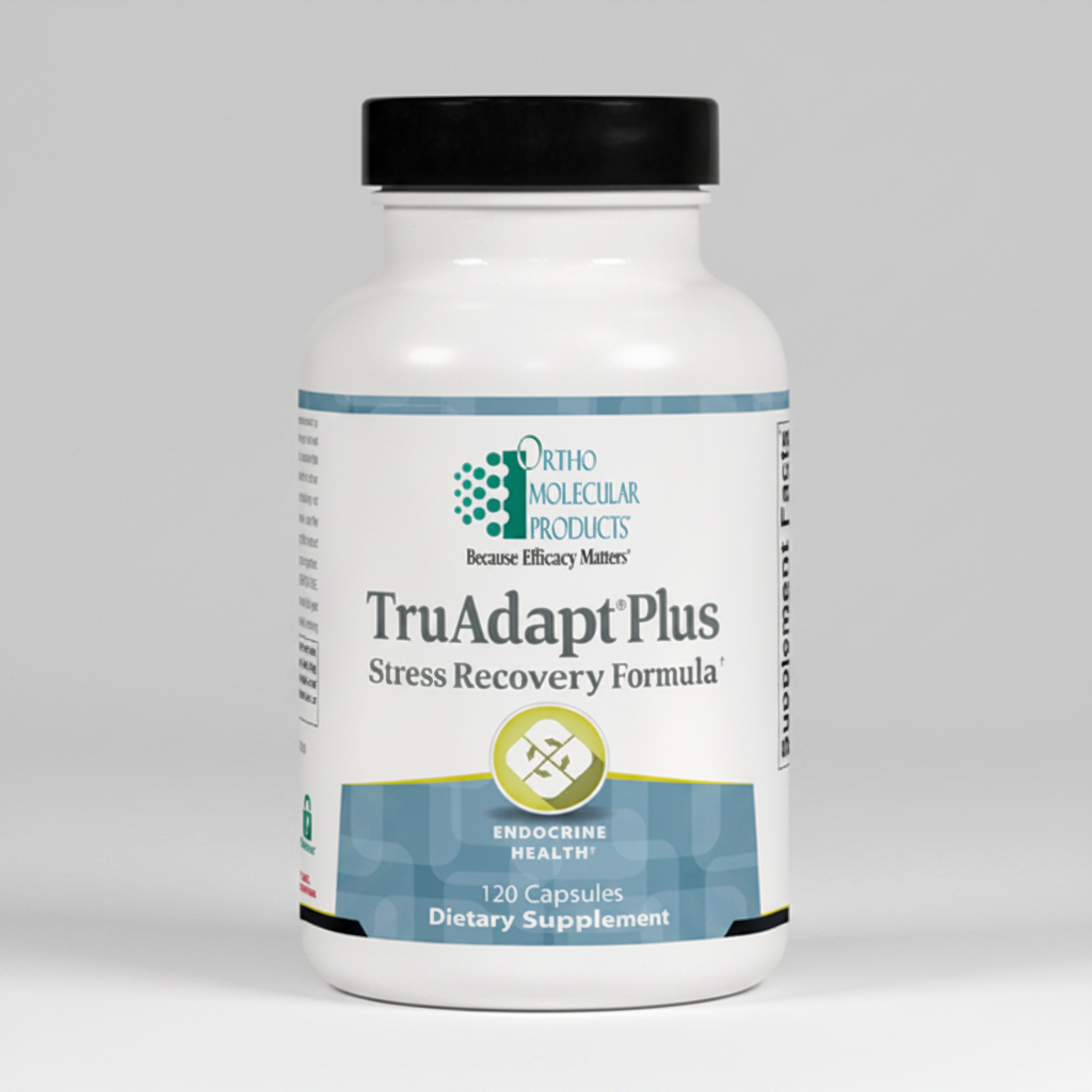 Supplement bottle labeled 'TruAdapt Plus' by Ortho Molecular Products on a white background