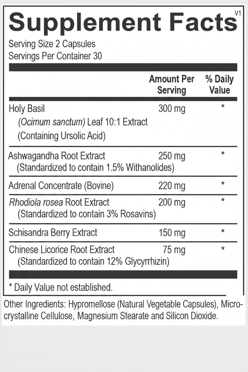 Supplement facts label with various herbal extracts and their amounts per serving.