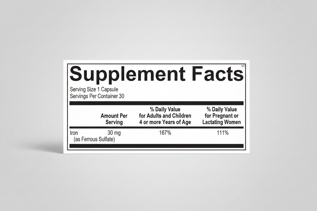 Supplement facts label with iron content on a white background