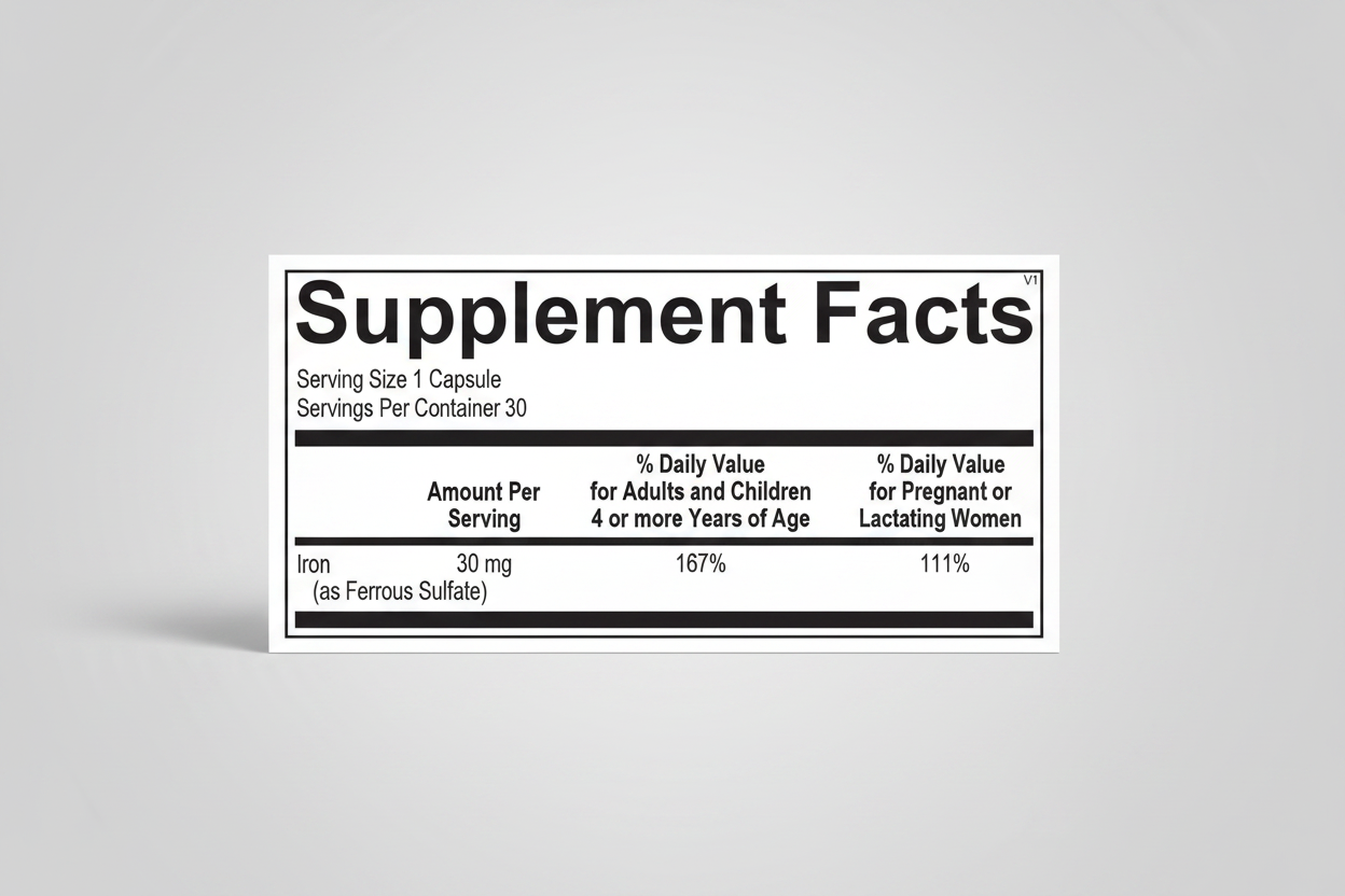 Supplement facts label with iron content on a white background