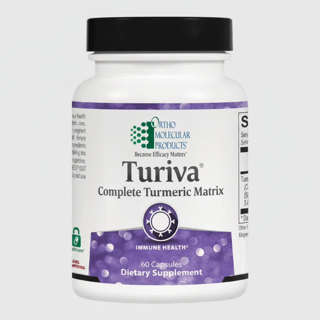 Supplement bottle labeled 'Turiva' by Ortho Molecular Products on a white background