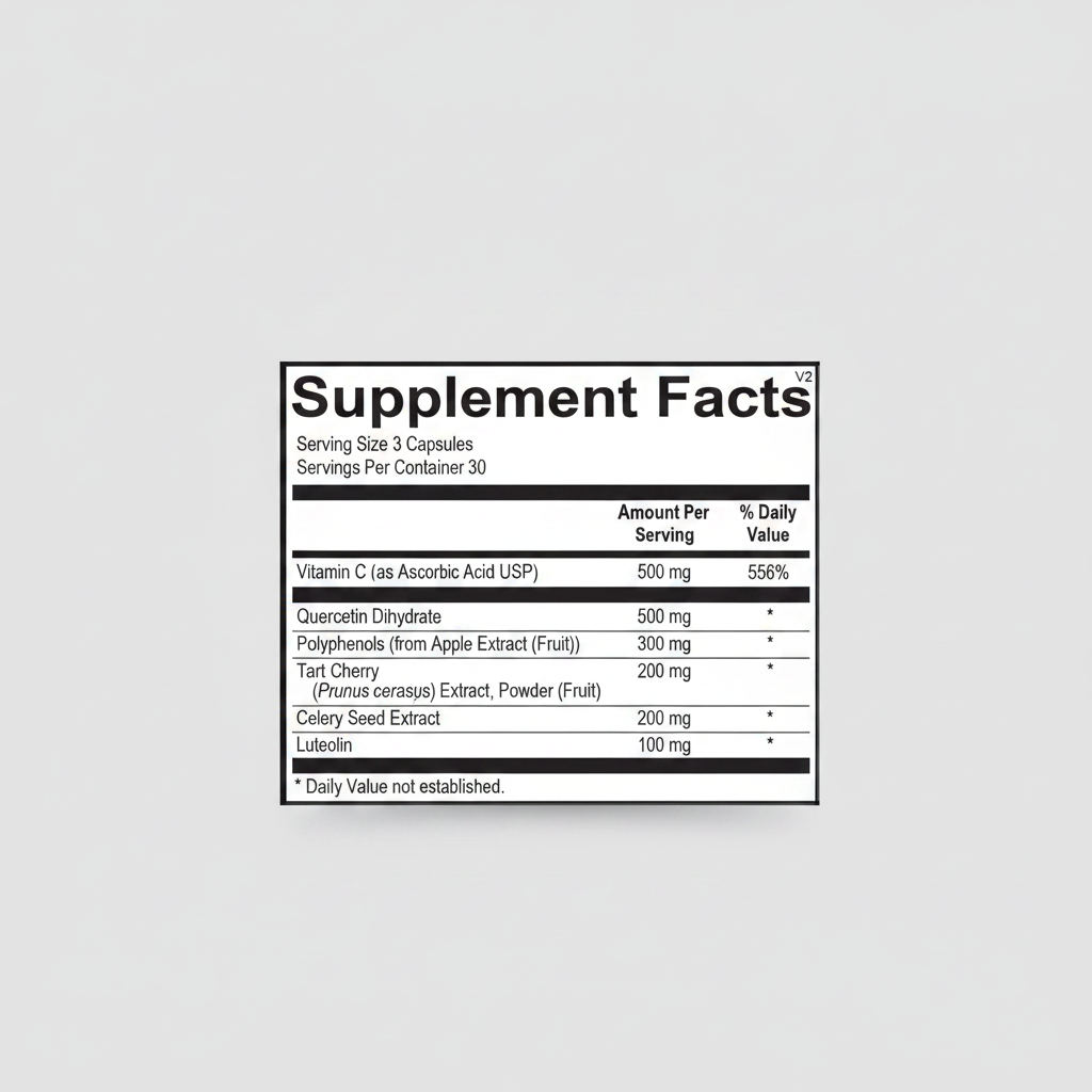 Supplement facts label with various vitamins and extracts on a white background
