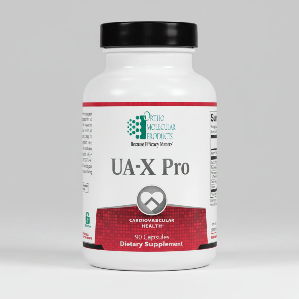 Supplement bottle labeled 'UA-X Pro' by Ortho Molecular Products on a white background