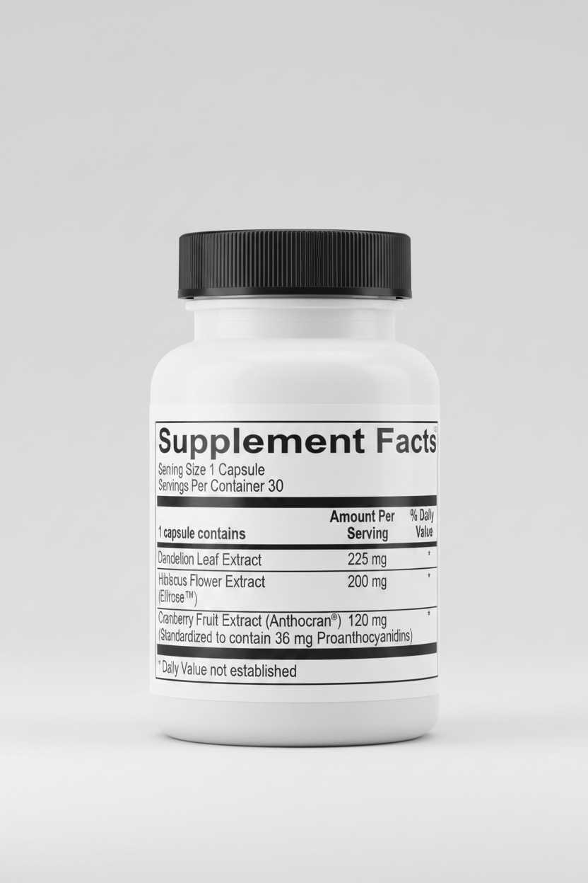 Supplement facts label with dandelion leaf extract, hibiscus flower extract, and cranberry fruit extract on a white background.