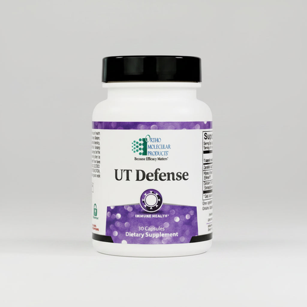 Supplement bottle labeled 'UT Defense' by Ortho Molecular Products on a white background