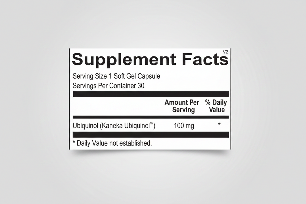 Supplement facts label for a product containing Ubiquinol with serving size and container details.