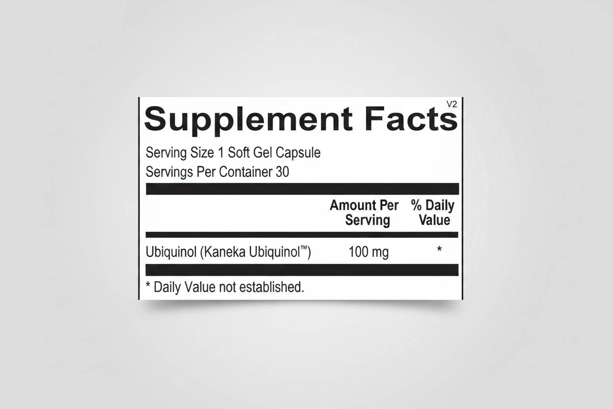 Supplement facts label for a product containing Ubiquinol with serving size and container details.