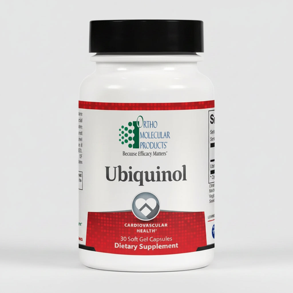 Ortho Molecular Products Ubiquinol dietary supplement bottle on a white background