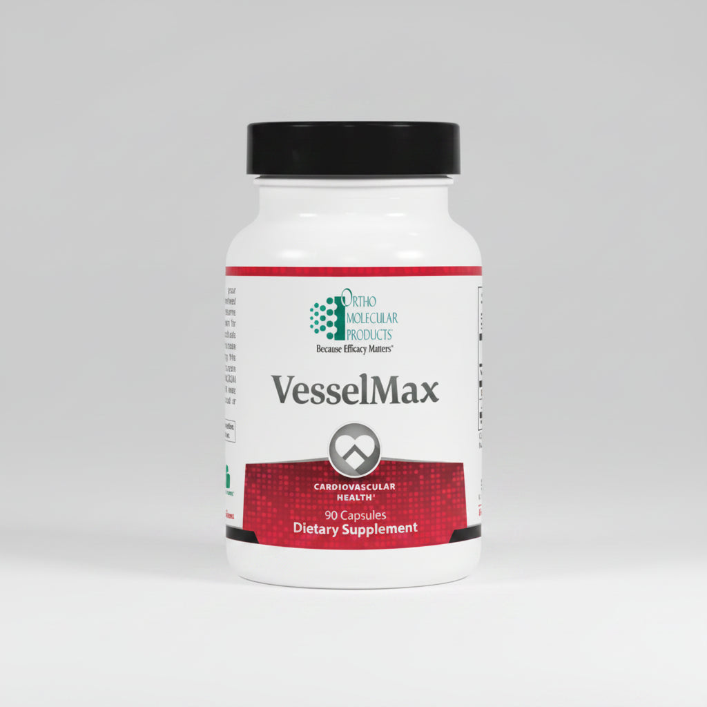 VesselMax dietary supplement bottle with Ortho Molecular Products label on a white background