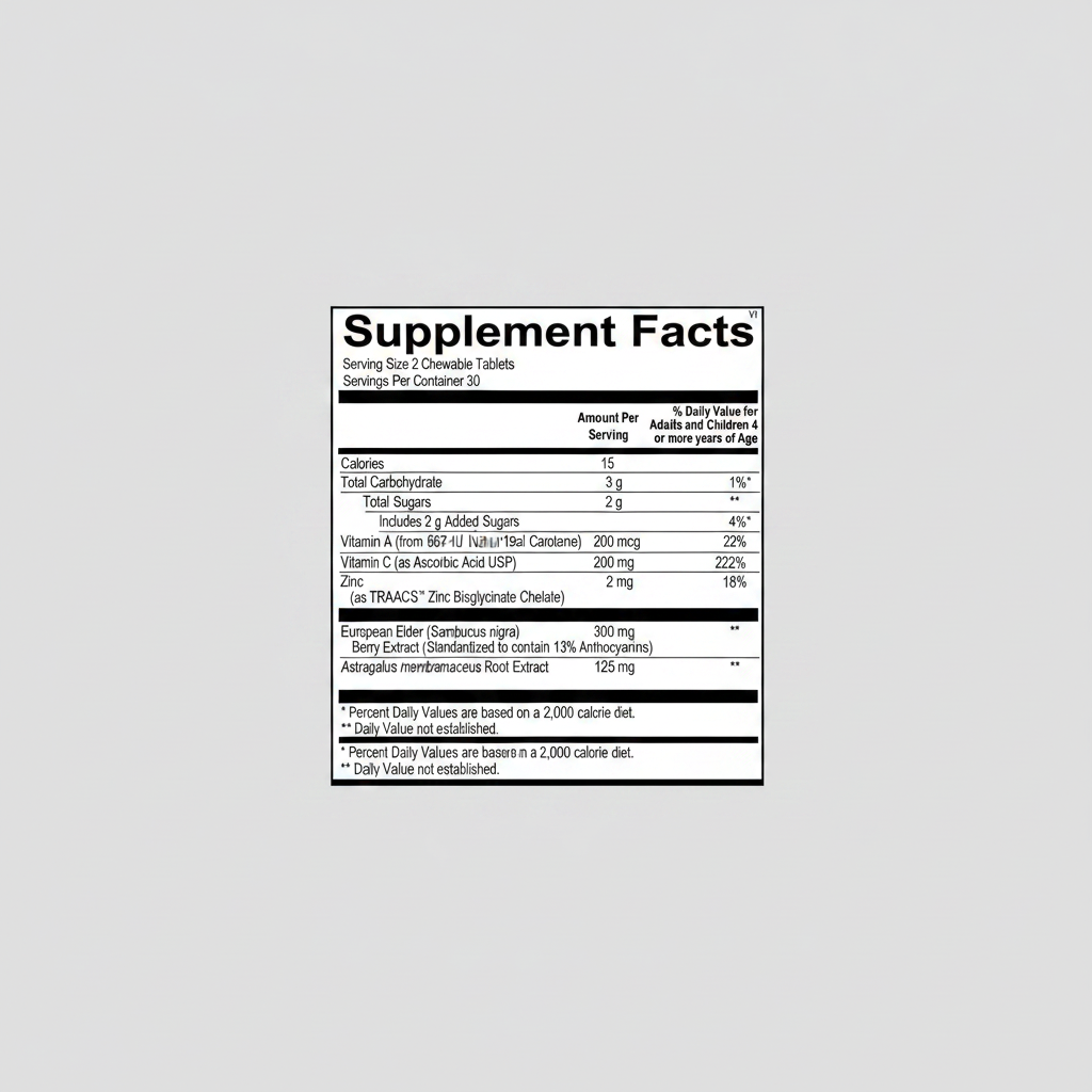 Supplement facts label for chewable tablets with various vitamins and extracts.