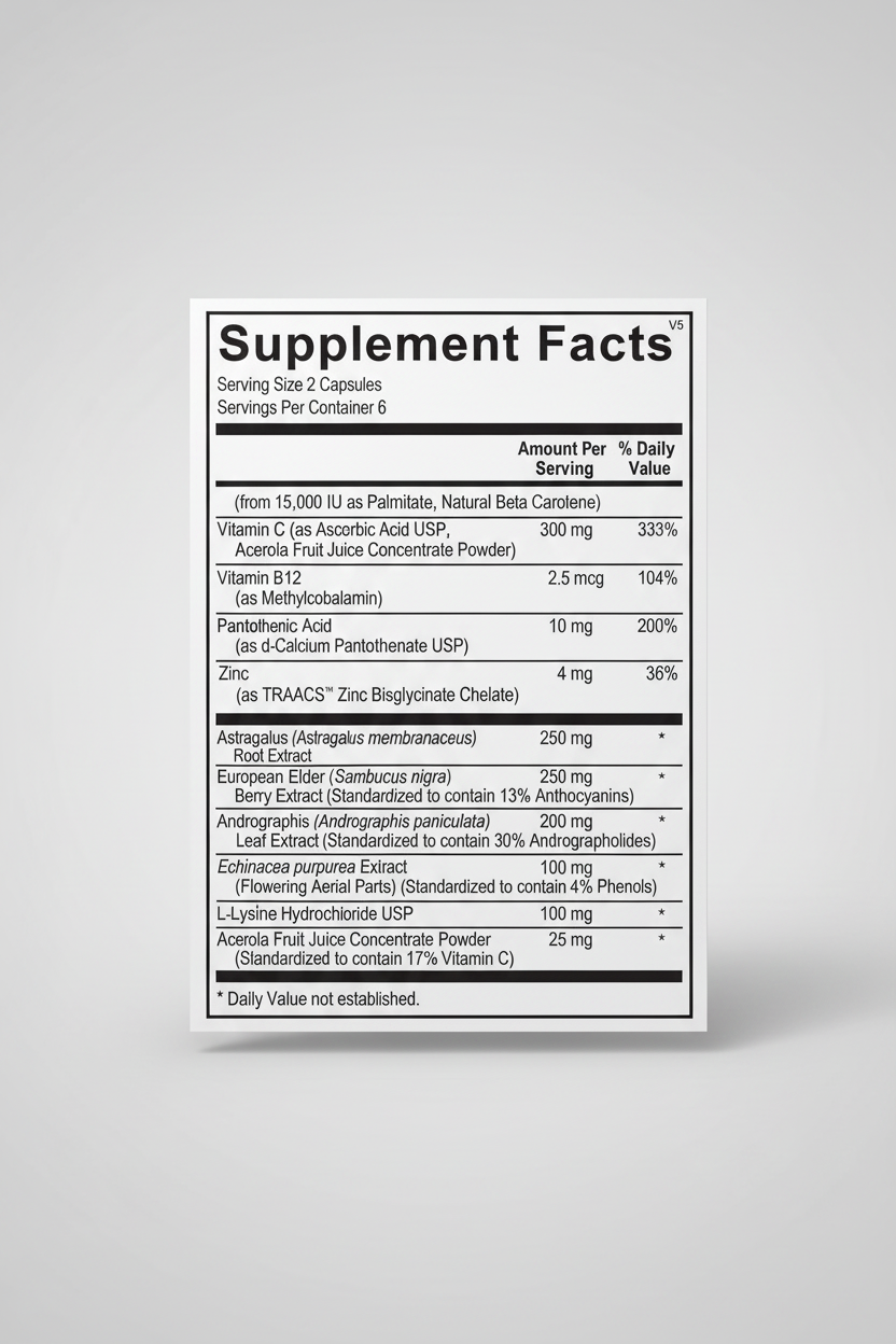 Supplement facts label with detailed nutritional information on a white background