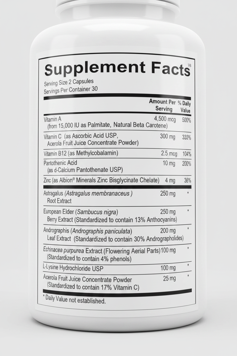 Supplement facts label with detailed nutritional information on a white background