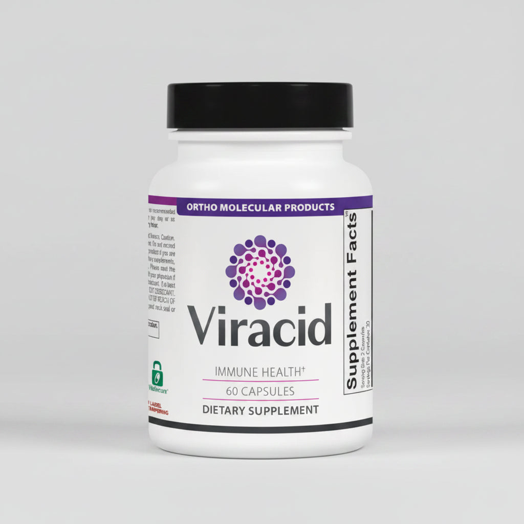 Viracid dietary supplement bottle with Ortho Molecular Products branding on a white background
