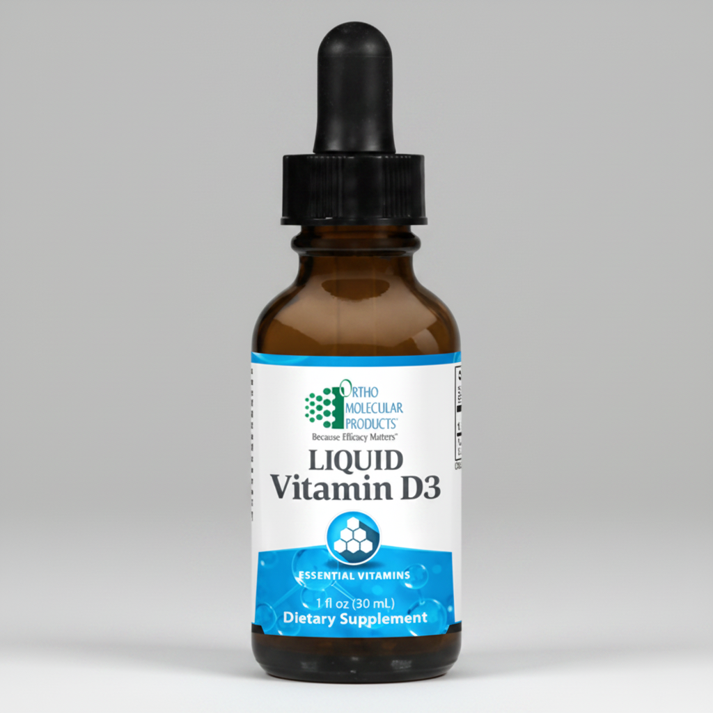 Bottle of Liquid Vitamin D3 with a dropper on a white background