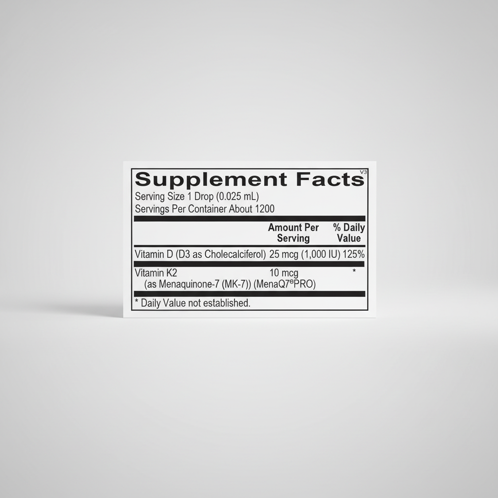 Supplement facts label for a product with Vitamin D and Vitamin K2.