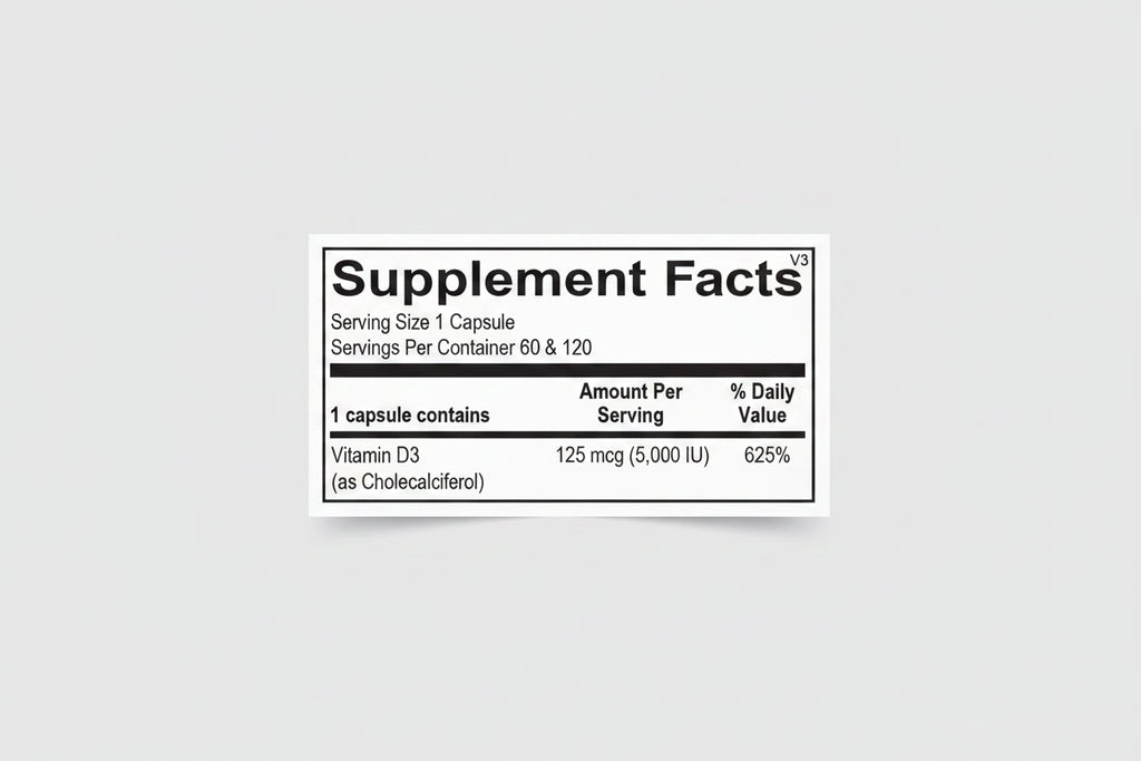 Supplement facts label for a Vitamin D3 capsule with serving size, servings per container, and vitamin content.