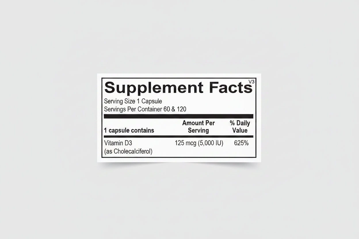 Supplement facts label for a Vitamin D3 capsule with serving size, servings per container, and vitamin content.