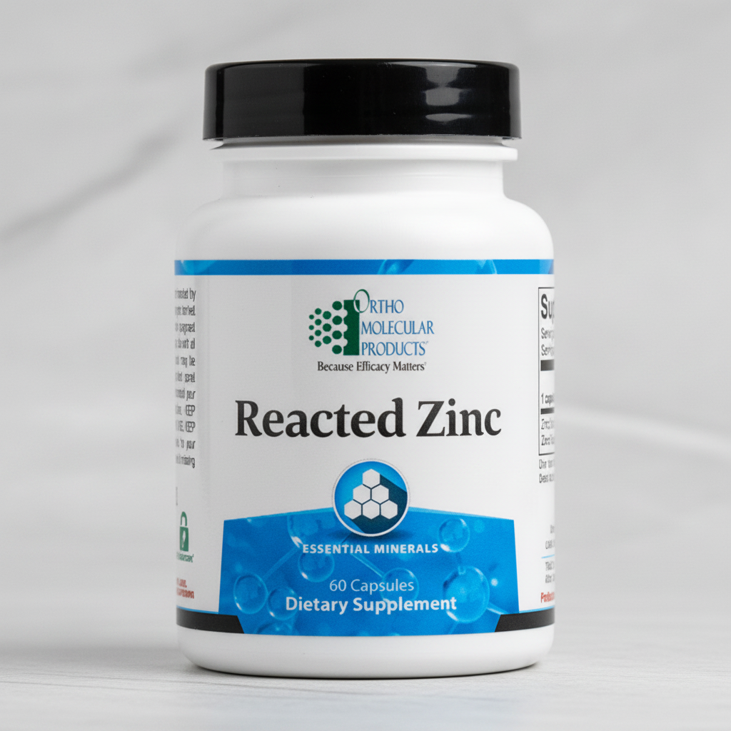 Supplement bottle labeled 'Reacted Zinc' by Ortho Molecular Products on a white background