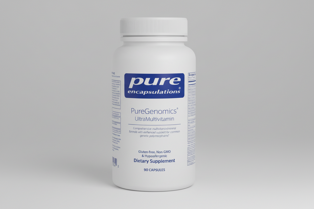 White supplement bottle labeled 'pure encapsulations PureGenomics UltraMultivitamin' on a white background
