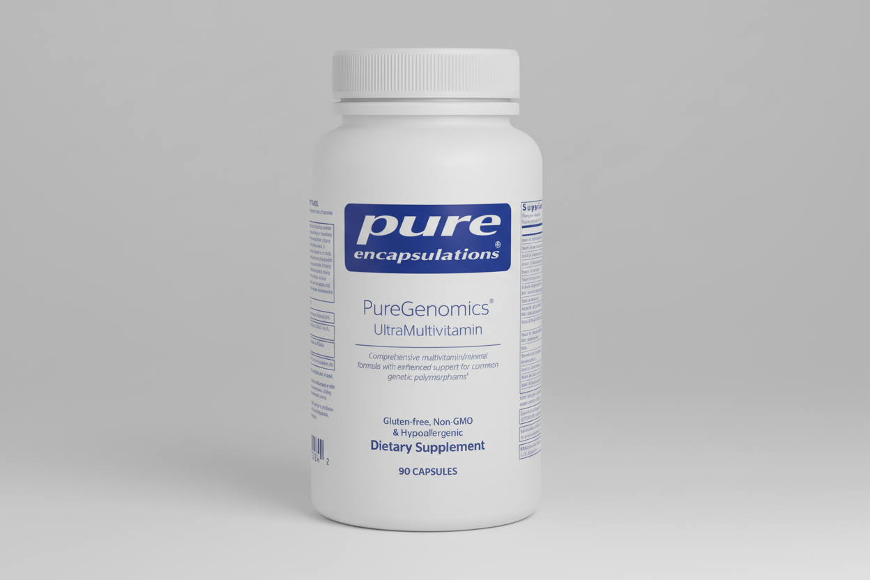 White supplement bottle labeled 'pure encapsulations PureGenomics UltraMultivitamin' on a white background