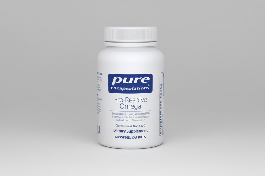 White supplement bottle labeled 'pure encapsulations Pro-Resolve Omega' on a white background
