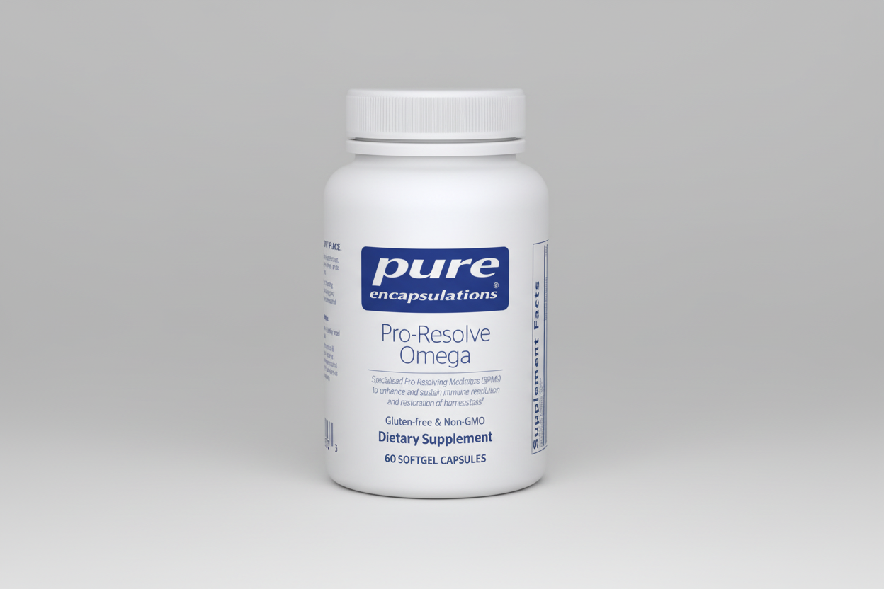 White supplement bottle labeled 'pure encapsulations Pro-Resolve Omega' on a white background