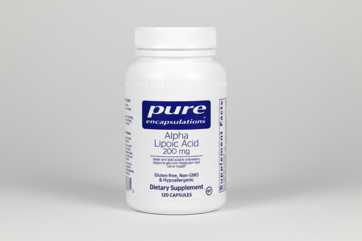 Supplement bottle labeled 'pure encapsulations Alpha Lipoic Acid 200 mg' on a white background