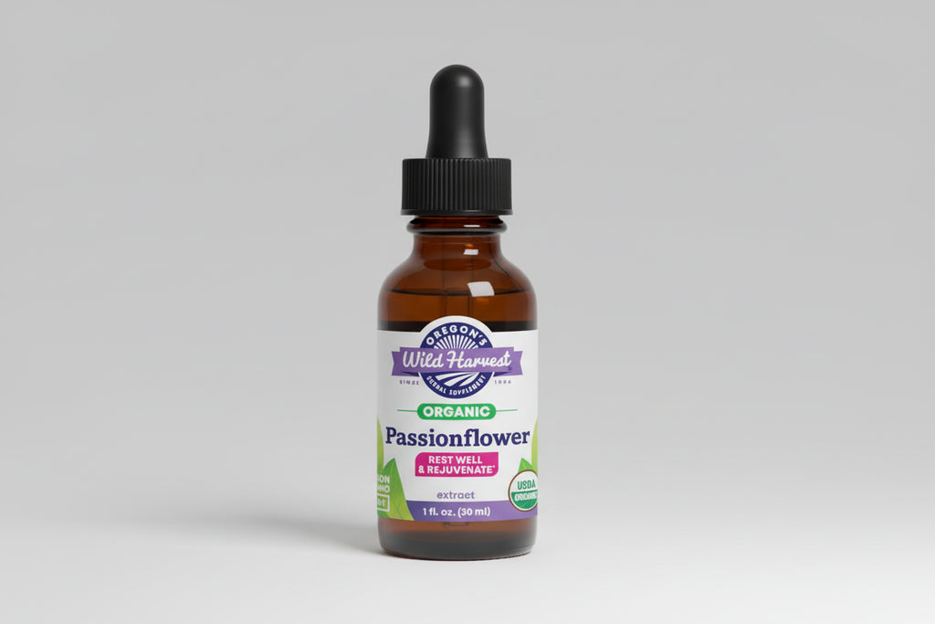 Bottle of Oregon's Wild Harvest Passionflower extract on a white background