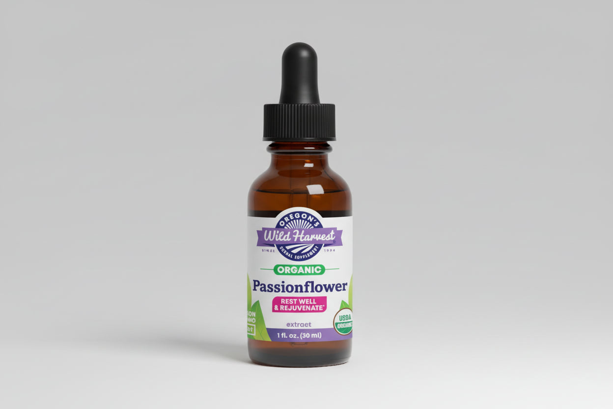 Bottle of Oregon's Wild Harvest Passionflower extract on a white background