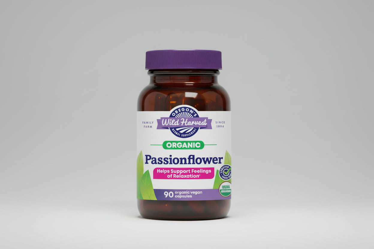 Oregon's Wild Harvest Organic Passionflower supplement bottle on a black background