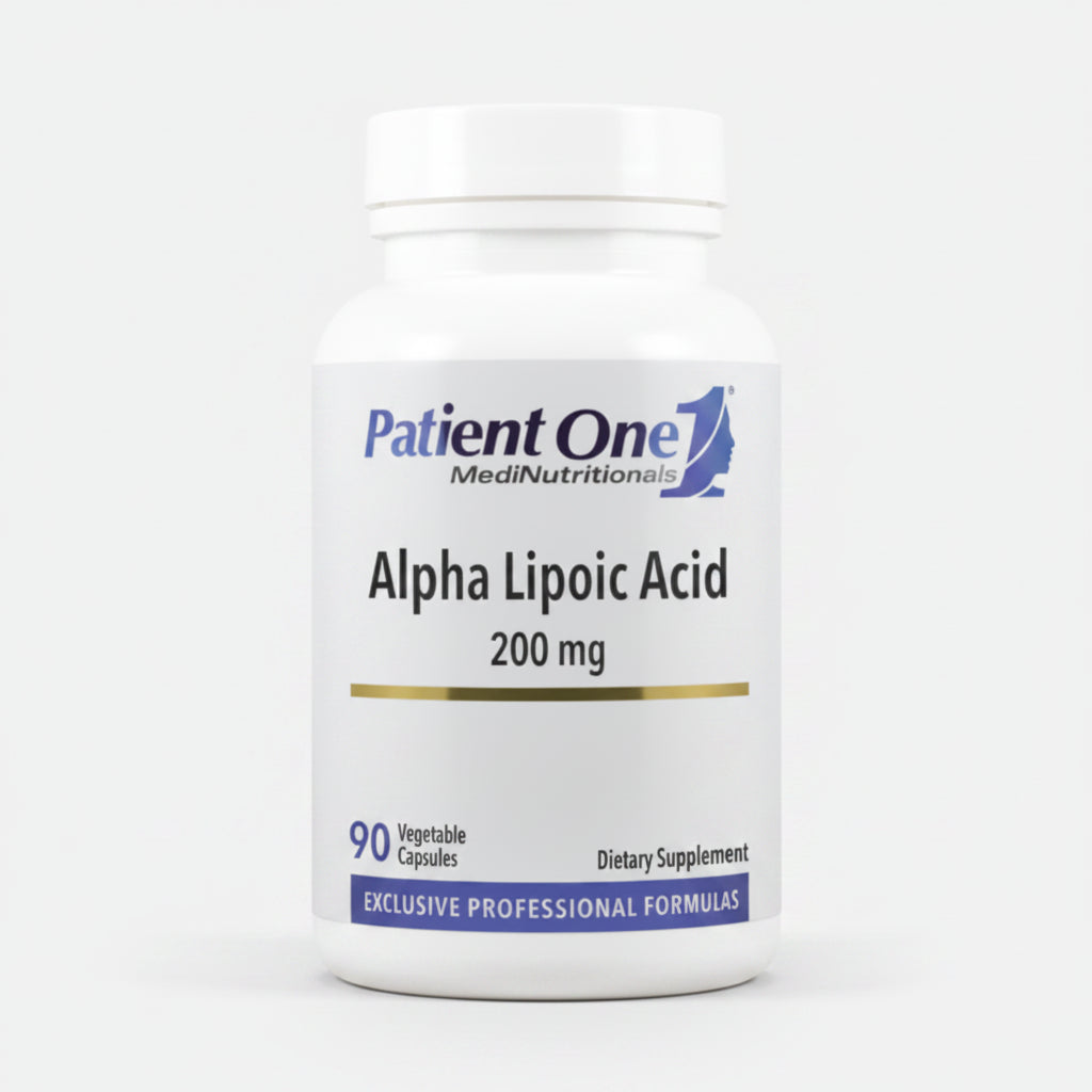 Supplement bottle labeled 'Alpha Lipoic Acid 200 mg' by Patient One on a white background