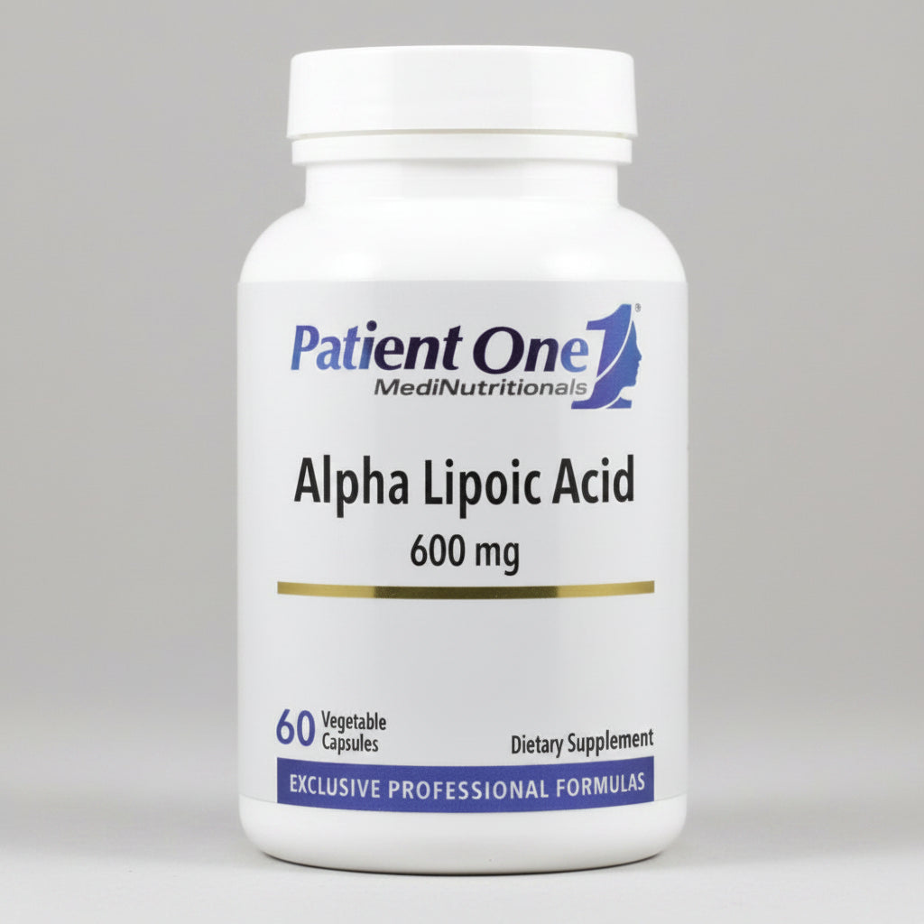 Supplement bottle labeled 'Alpha Lipoic Acid 600 mg' by Patient One MediNutritionals on a white background