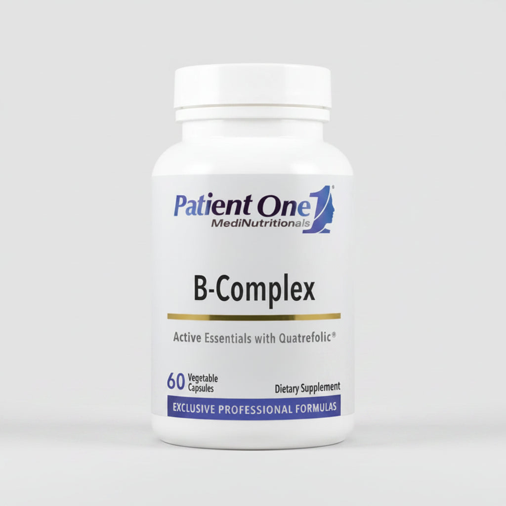 B-Complex dietary supplement bottle with Patient One label on a white background