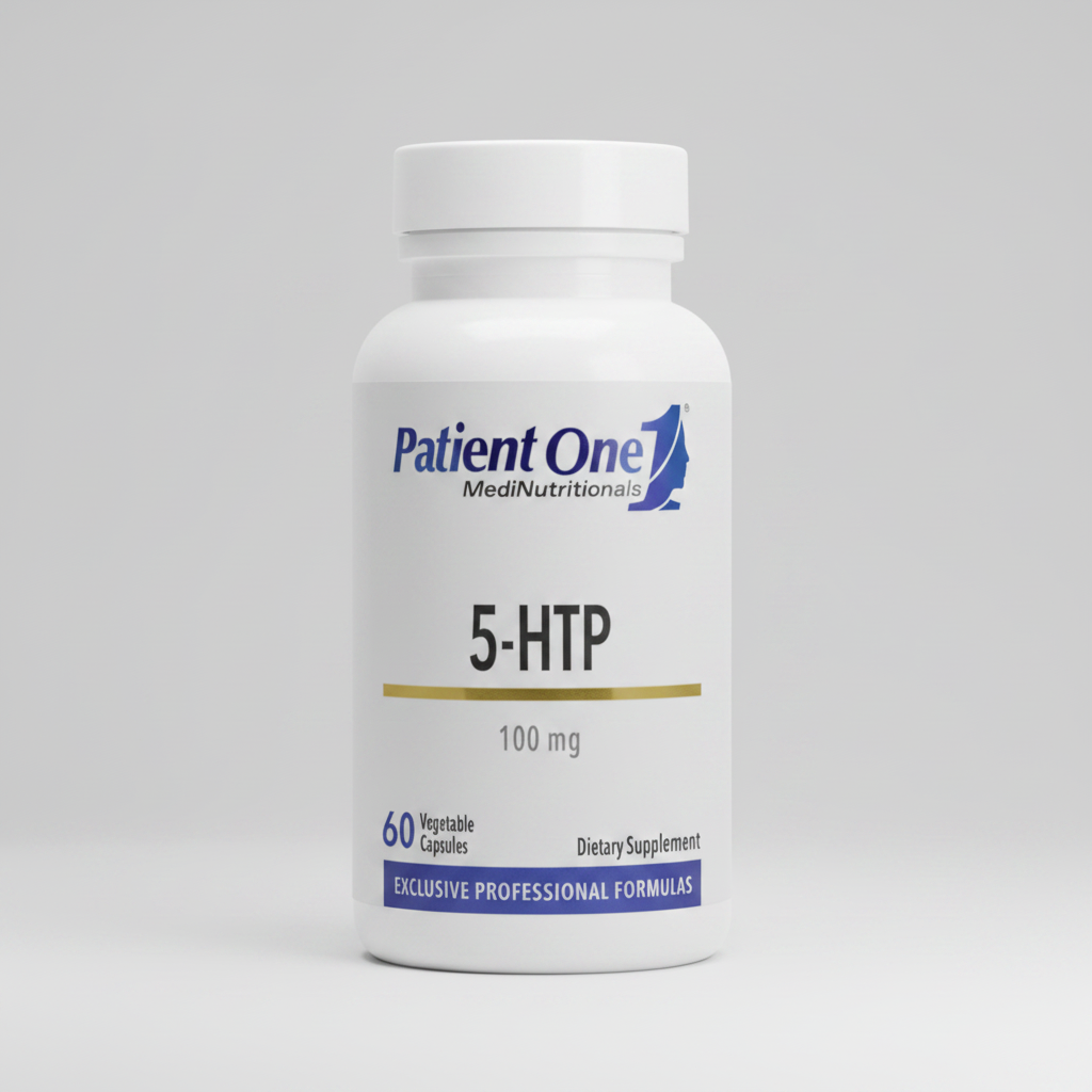 Supplement bottle labeled '5-HTP' by Patient One MediNutritionals on a white background