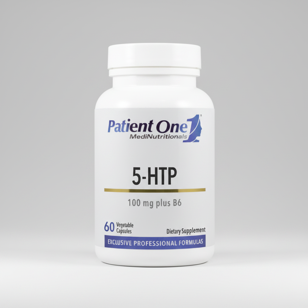Supplement bottle labeled 'Patient One MediNutritional 5-HTP 100 mg plus B6' on a white background
