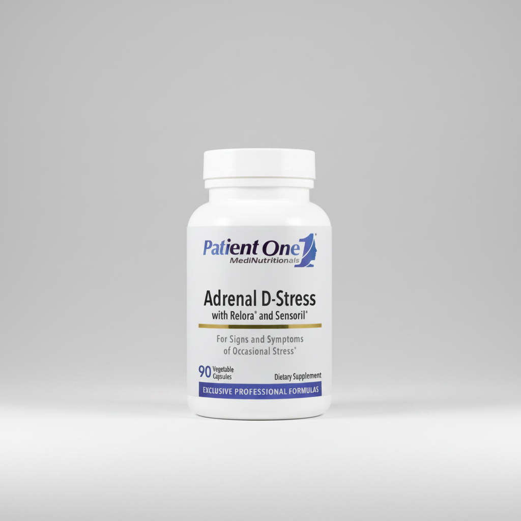 Supplement bottle labeled 'Adrenal D-Stress' by Patient One on a white background