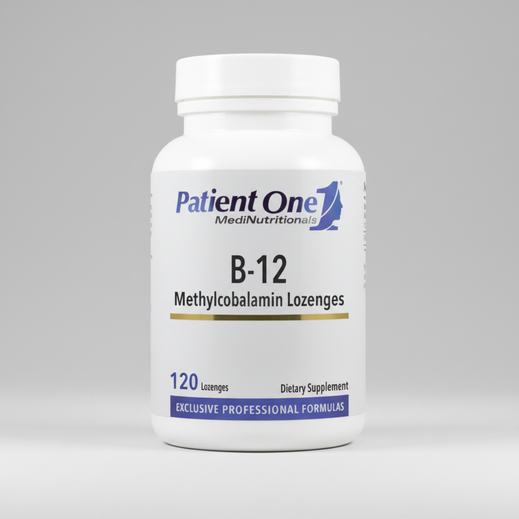 B-12 dietary supplement bottle with 'Patient One MediNutritional' branding on a white background