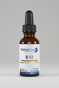 B-12 supplement bottle with dropper labeled 'Patient One' on a white background