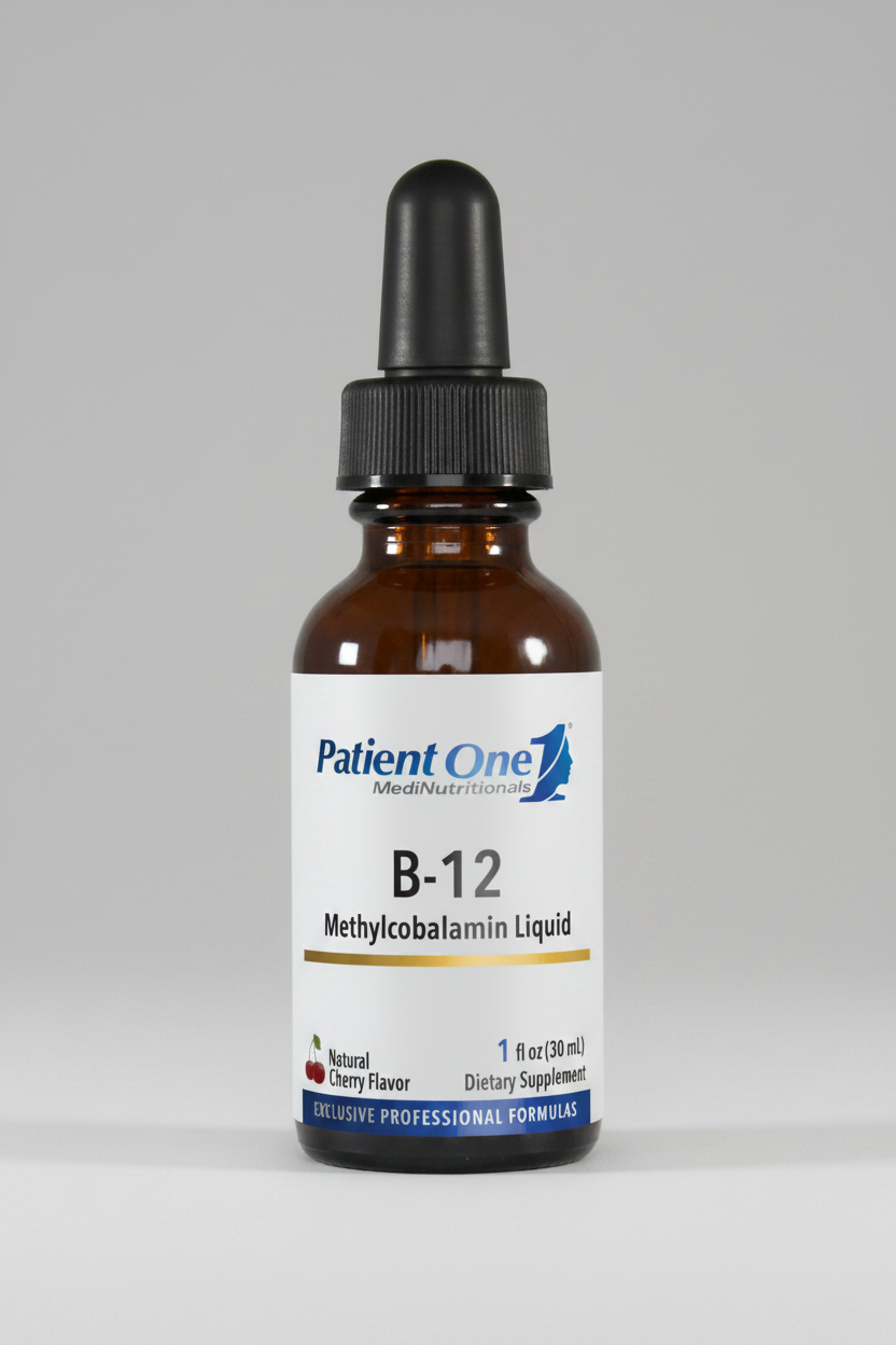 B-12 supplement bottle with dropper labeled 'Patient One' on a white background