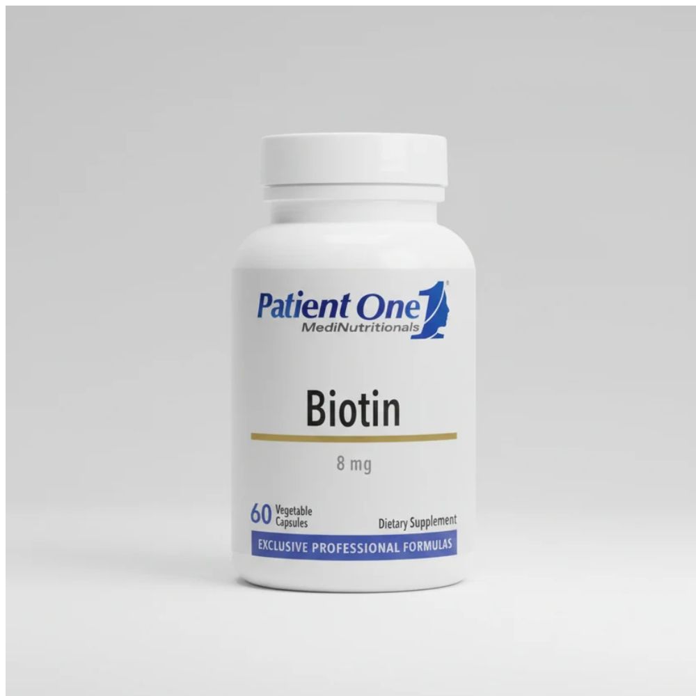 A white plastic bottle of Patient One MediNutritionals Biotin 8 mg dietary supplement, containing 60 vegetable capsules.