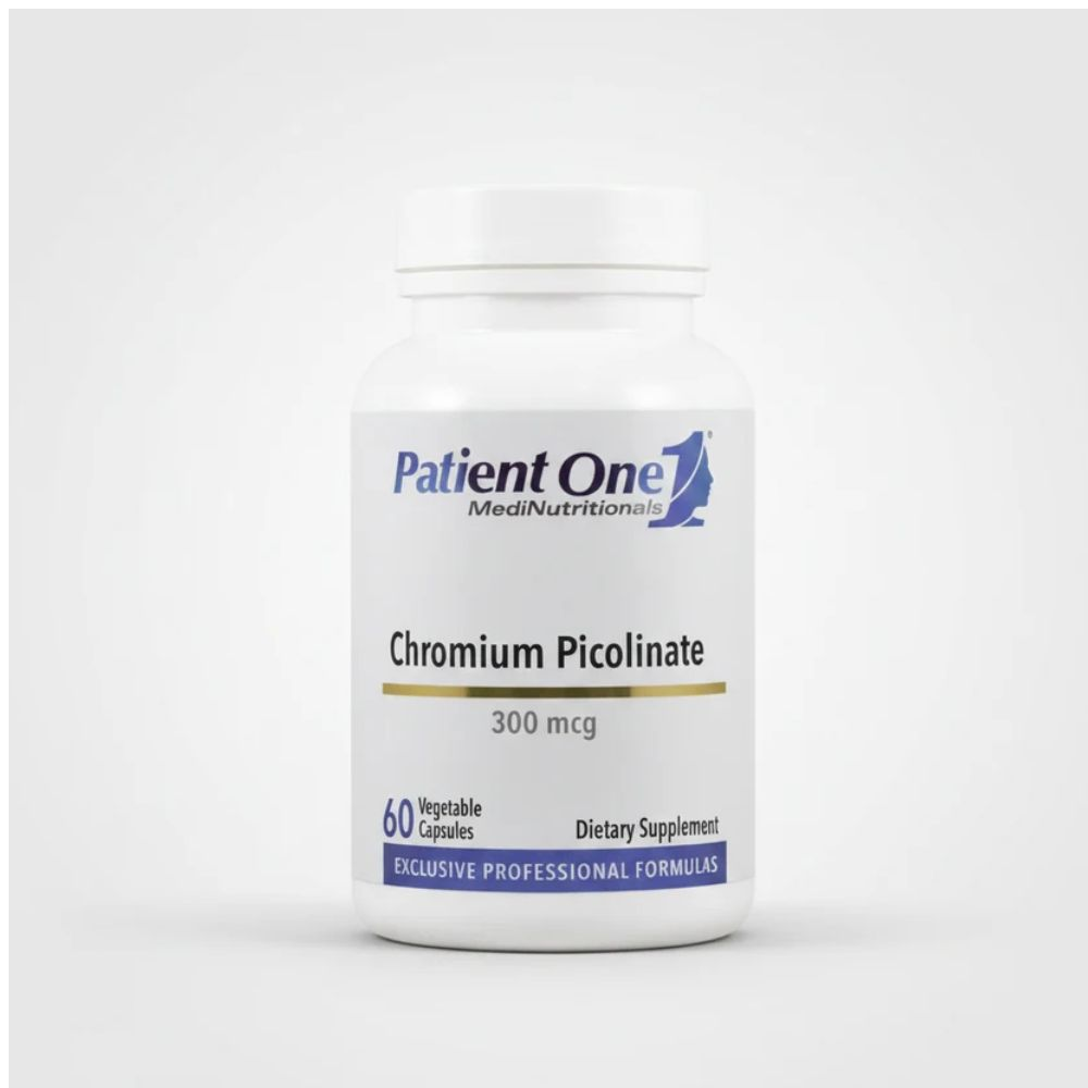 A white plastic bottle of Patient One MediNutritionals Chromium Picolinate 300 mcg dietary supplement, containing 60 vegetable capsules.