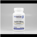 A white plastic bottle of Patient One CoQ10 100mg dietary supplement, featuring a white label with blue and gold text and logo, on a white background.