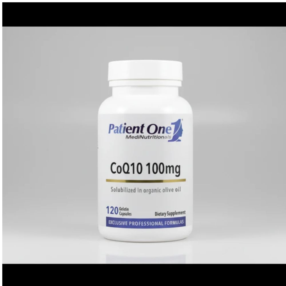 A white plastic bottle of Patient One CoQ10 100mg dietary supplement, featuring a white label with blue and gold text and logo, on a white background.